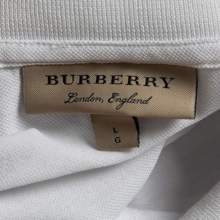 Pre Owned Burberry White Logo Embroidered Cotton Pique Polo T-Shirt L