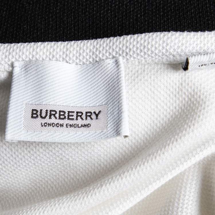 Pre Owned Burberry White Cotton Pique Contrast Logo Collar Detail Polo T-Shirt M