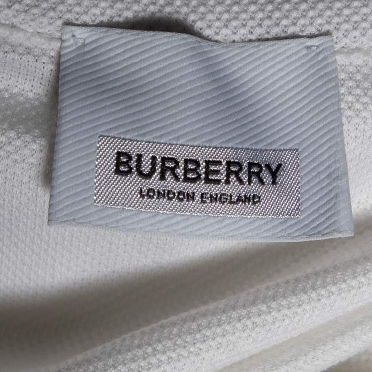 Pre Owned Burberry White Cotton Pique Contrast Logo Collar Detail Polo T-Shirt M