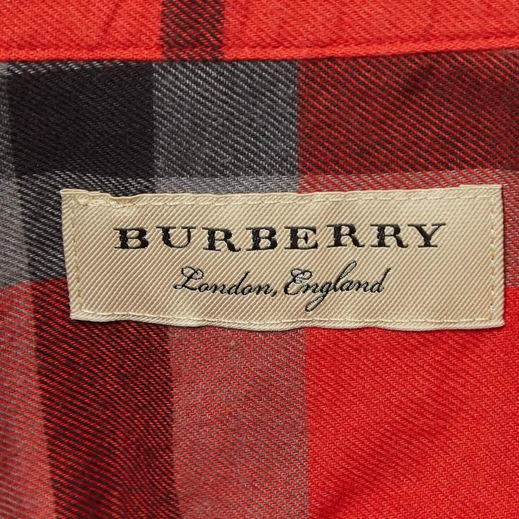 Pre Owned Burberry Orange Checked Cotton Long Sleeve Button Front Shirt M