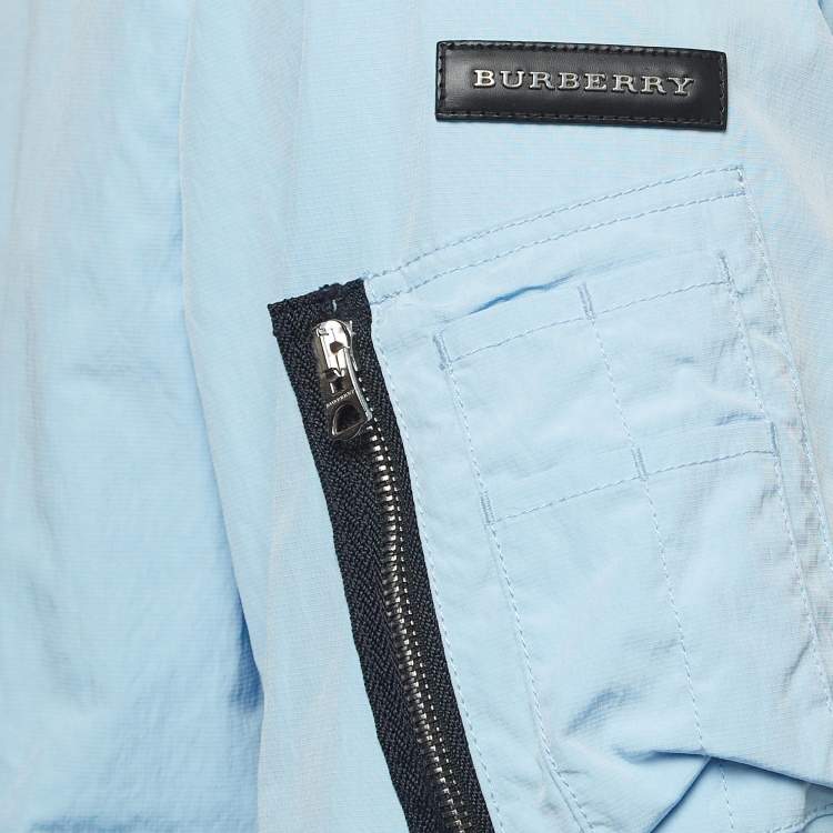 Pre Owned Burberry Blue Textured Synthetic Zipper Bomber Jacket XL