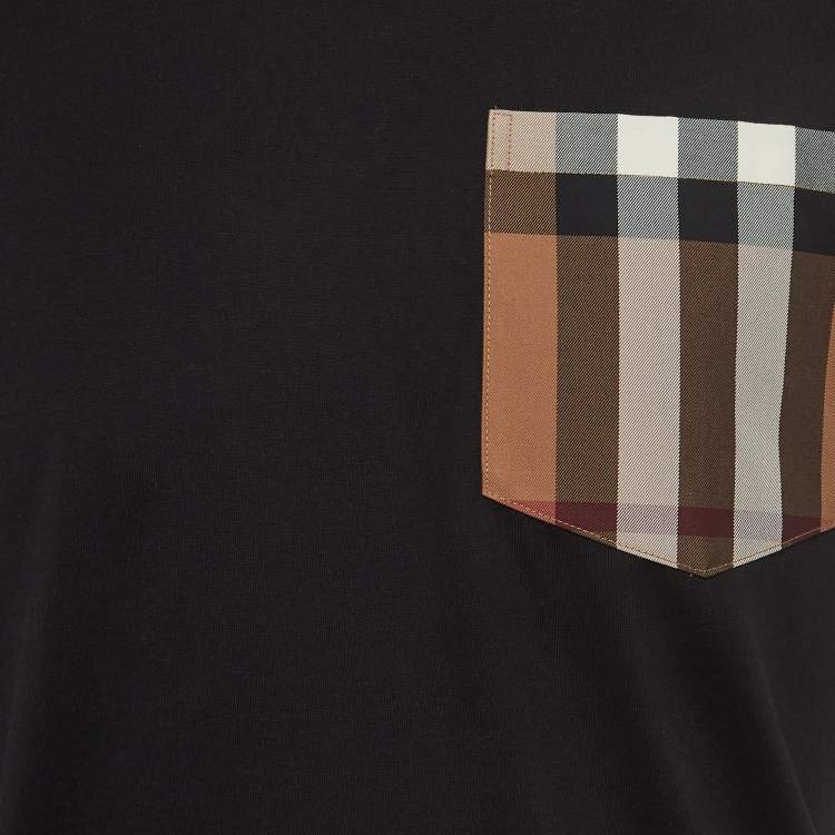 Pre Owned Burberry Black Cotton Checked Pocket Detail Crew Neck T-Shirt XS