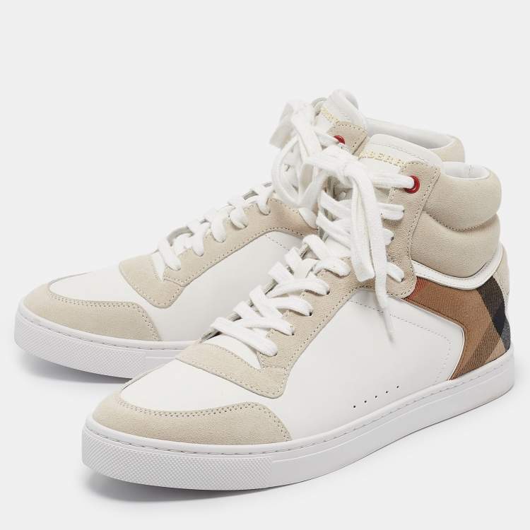 Pre Owned Burberry White House Check Leather and Suede Reeth Trainers Sneakers Size 43