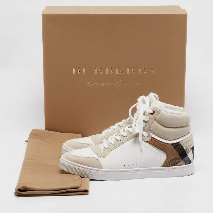 Pre Owned Burberry White House Check Leather and Suede Reeth Trainers Sneakers Size 43
