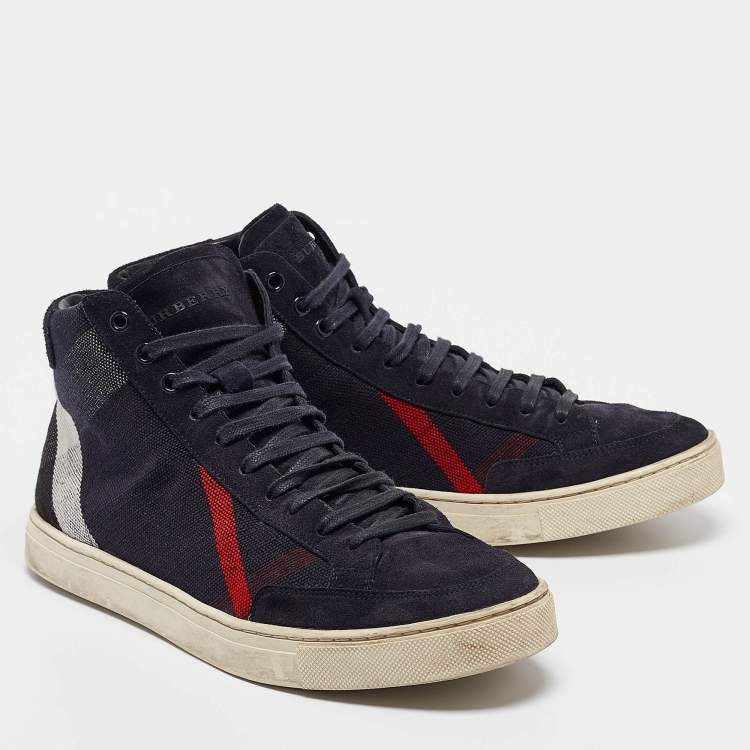 مملوكة مسبقًا Burberry Navy Blue Check Canvas Painton High Top Sneakers Size 43