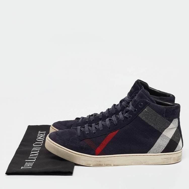 مملوكة مسبقًا Burberry Navy Blue Check Canvas Painton High Top Sneakers Size 43