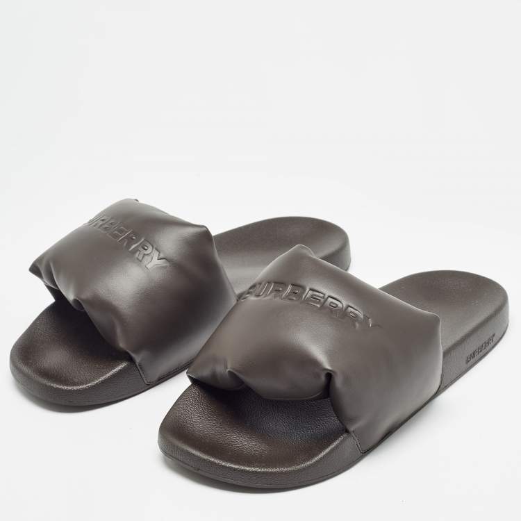 Pre Owned Burberry Brown Leather Logo Slide Flats Size 45