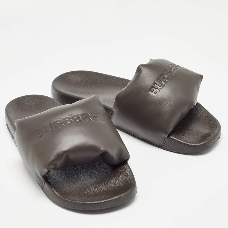 Pre Owned Burberry Brown Leather Logo Slide Flats Size 45