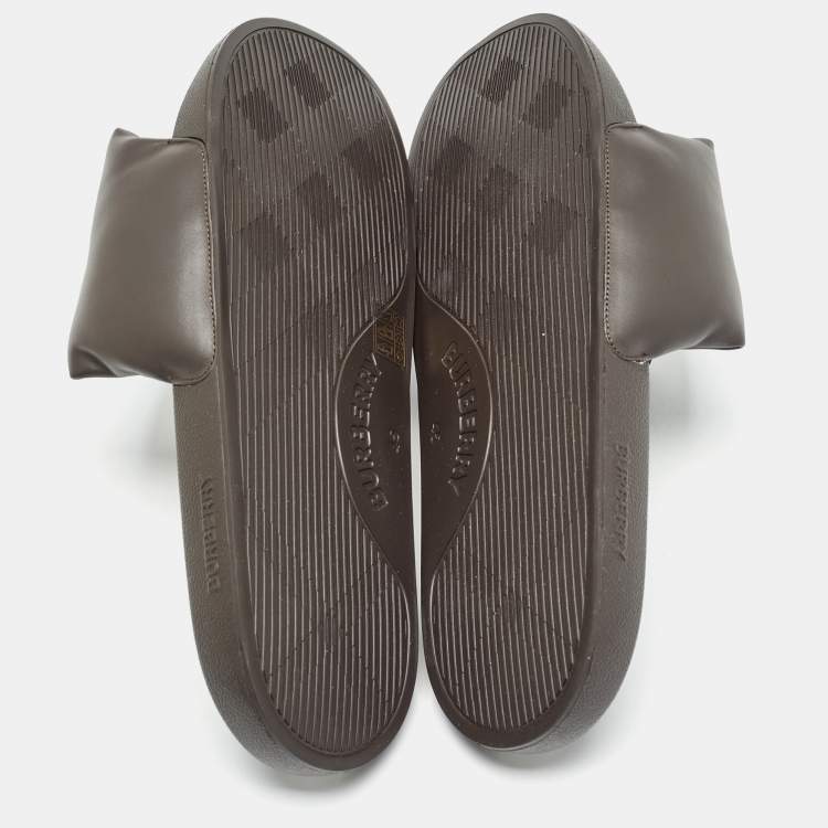 Pre Owned Burberry Brown Leather Logo Slide Flats Size 45
