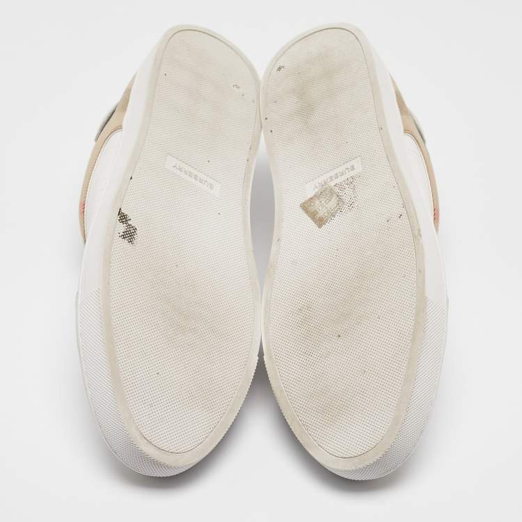 Pre Owned Burberry White/Beige Leather and House Check Canvas New Reeth Sneakers Size 45