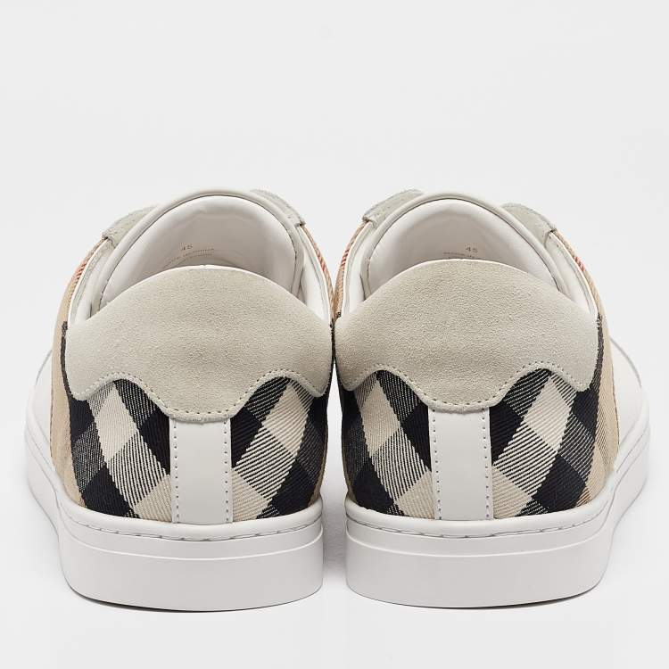 Pre Owned Burberry White/Beige Leather and House Check Canvas New Reeth Sneakers Size 45
