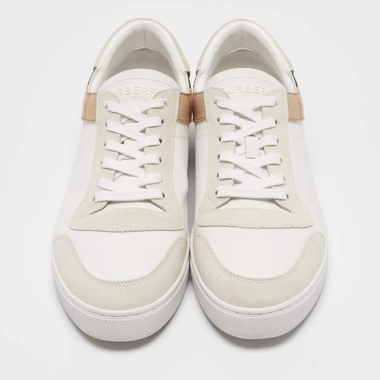 Pre Owned Burberry White/Beige Leather and House Check Canvas New Reeth Sneakers Size 45