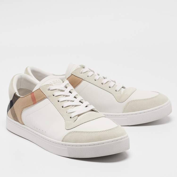 Pre Owned Burberry White/Beige Leather and House Check Canvas New Reeth Sneakers Size 45