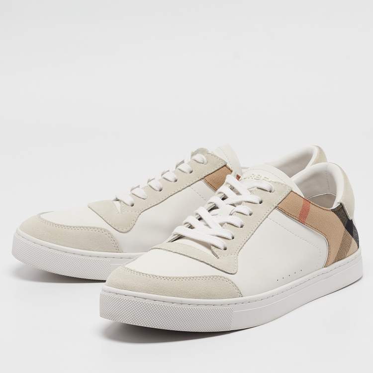 Pre Owned Burberry White/Beige Leather and House Check Canvas New Reeth Sneakers Size 45
