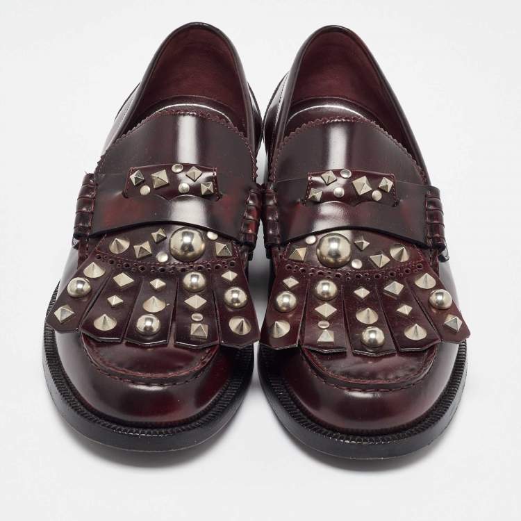 Pre Owned Burberry Brown Leather Studded Kiltie Fringe Loafers Size 43