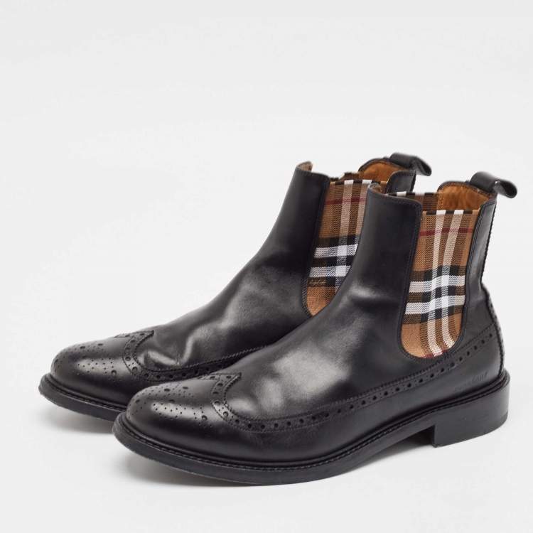 Pre Owned Burberry Black Vintage Check Detail Leather Chelsea Boots Size 45