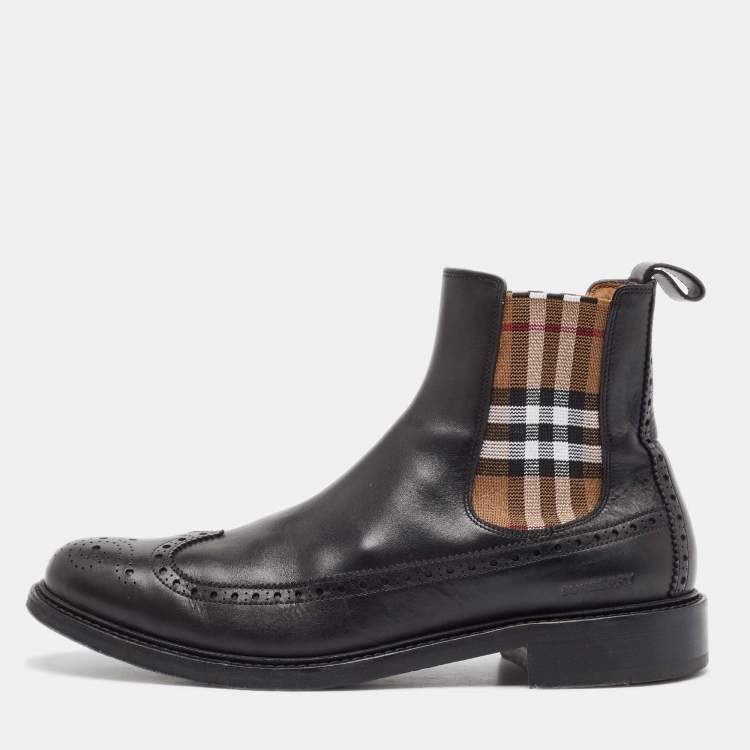 Pre Owned Burberry Black Vintage Check Detail Leather Chelsea Boots Size 45