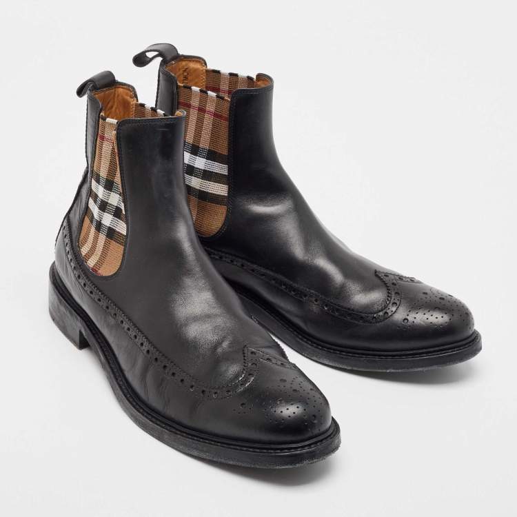 Pre Owned Burberry Black Vintage Check Detail Leather Chelsea Boots Size 45