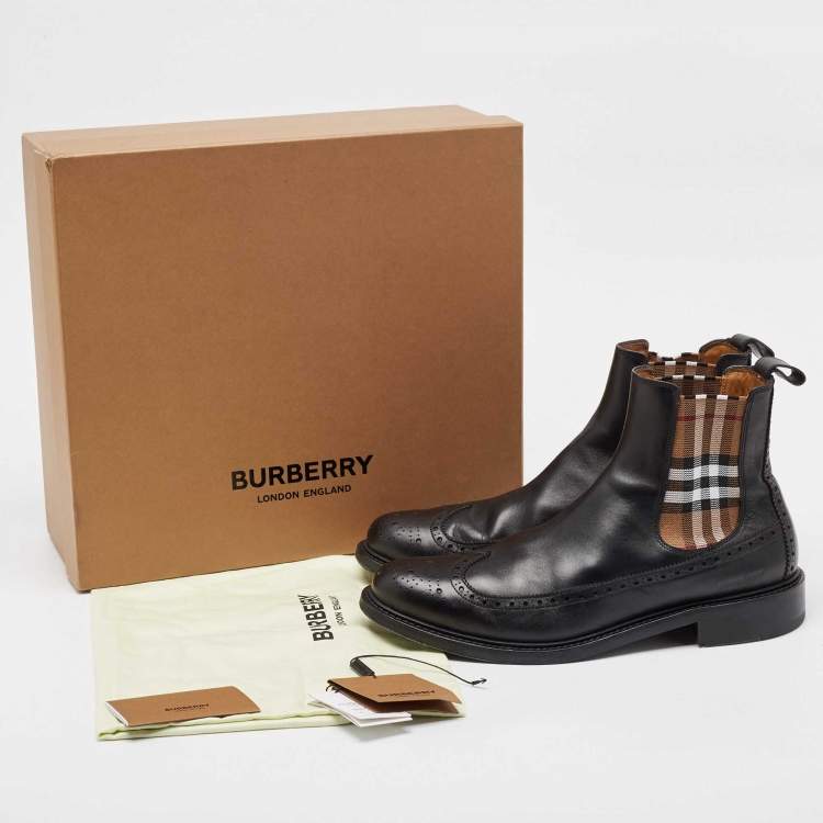 Pre Owned Burberry Black Vintage Check Detail Leather Chelsea Boots Size 45