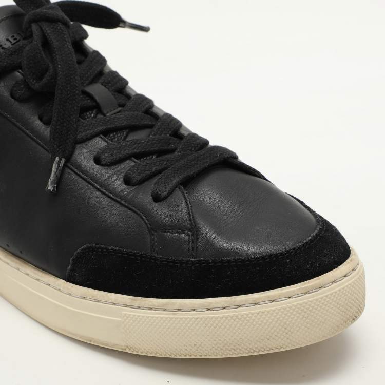Pre Owned Burberry Black/Beige Leather and House Check Canvas Low Top Sneakers Size 43