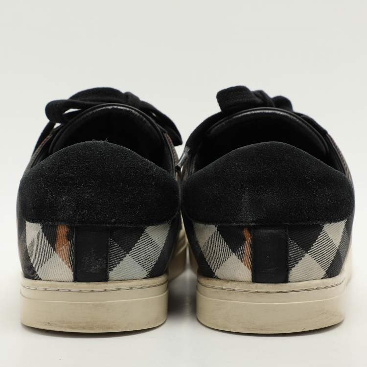 Pre Owned Burberry Black/Beige Leather and House Check Canvas Low Top Sneakers Size 43