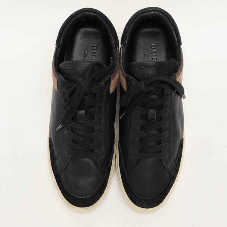 Pre Owned Burberry Black/Beige Leather and House Check Canvas Low Top Sneakers Size 43