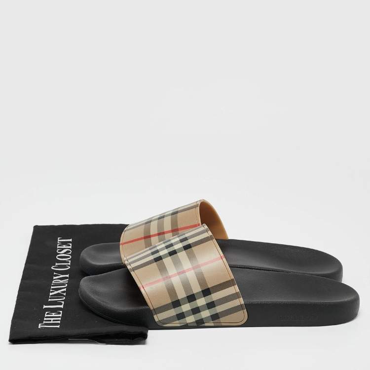 Pre Owned Burberry Beige Nova Check Rubber Flat Slides Sandals Size 45
