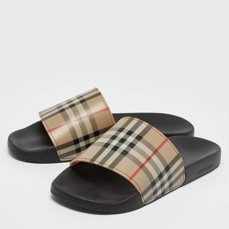 Pre Owned Burberry Beige Nova Check Rubber Flat Slides Sandals Size 45