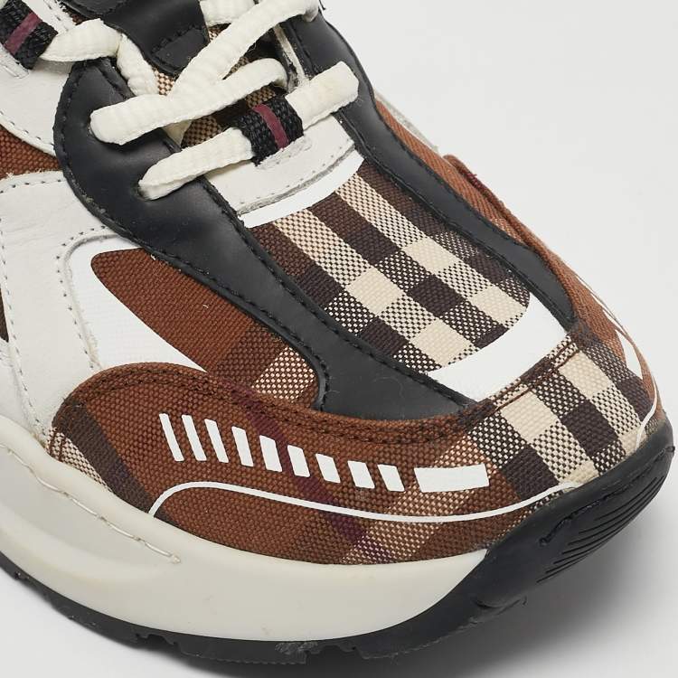 Pre Owned Burberry Brown Vintage Check Canvas and Leather Sean Sneakers Size 38