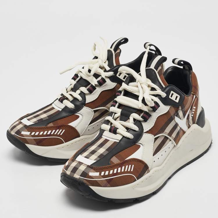 Pre Owned Burberry Brown Vintage Check Canvas and Leather Sean Sneakers Size 38