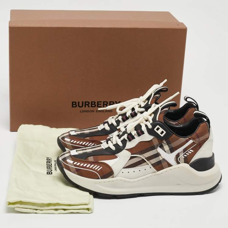 Pre Owned Burberry Brown Vintage Check Canvas and Leather Sean Sneakers Size 38