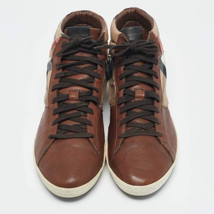 Pre Owned Burberry Beige/Brown House Check Canvas and Leather High Top Sneakers Size 45