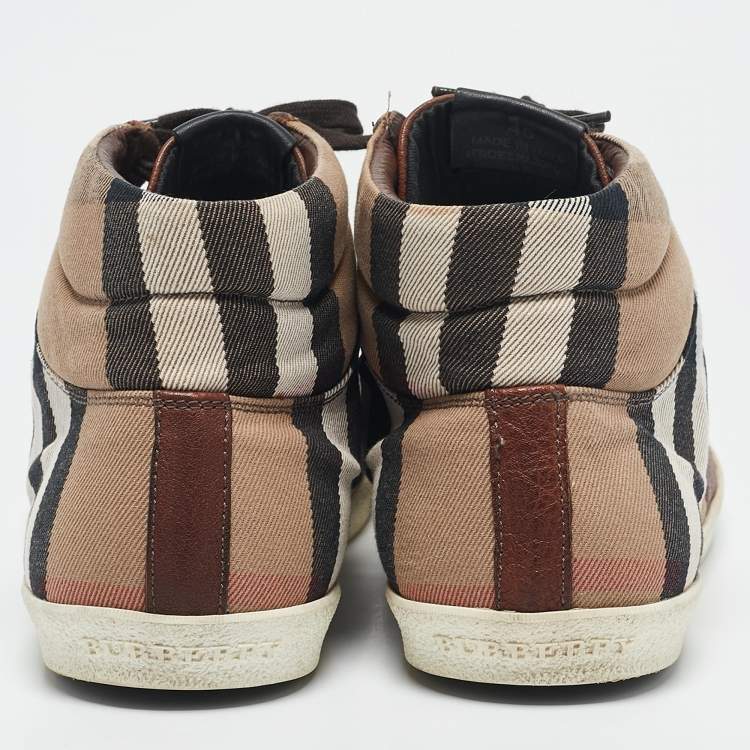 Pre Owned Burberry Beige/Brown House Check Canvas and Leather High Top Sneakers Size 45