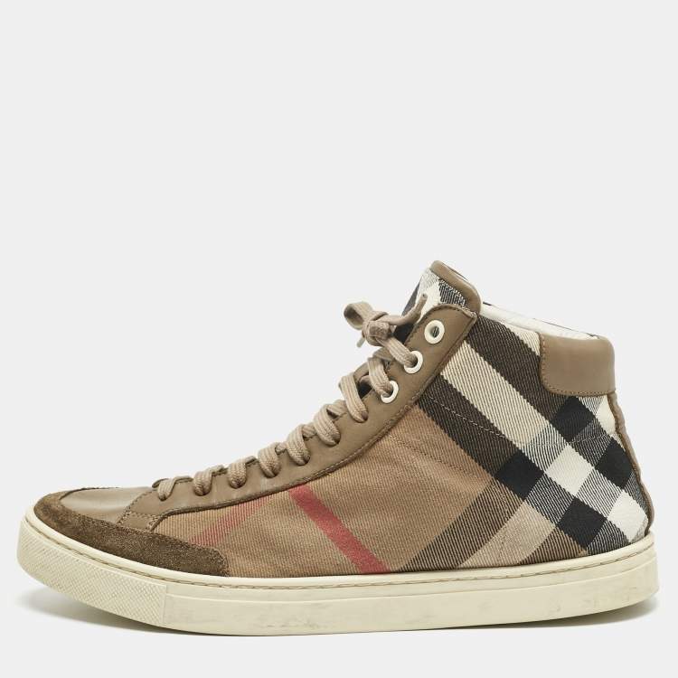 Pre Owned Burberry Beige/Brown House Check Canvas and Leather High Top Sneakers Size 41