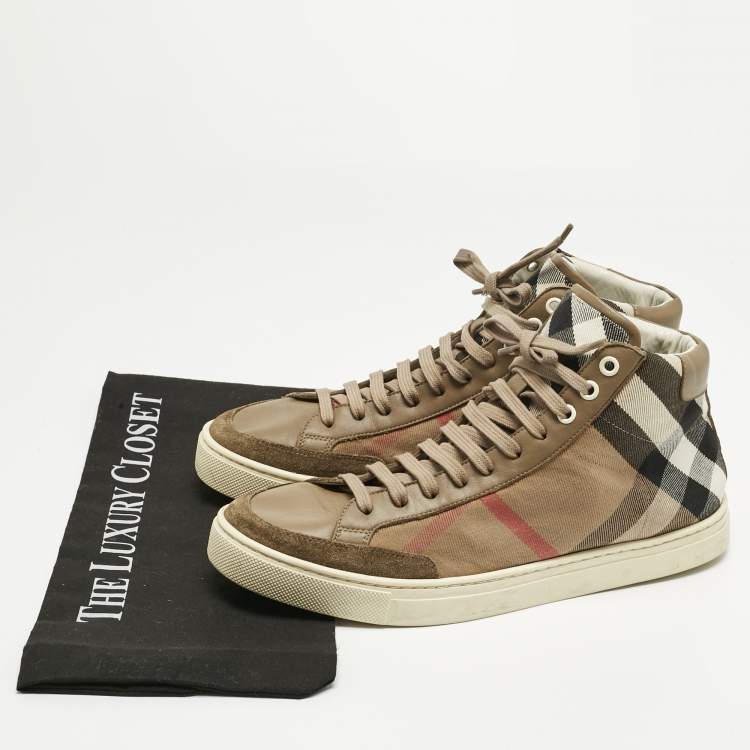 Pre Owned Burberry Beige/Brown House Check Canvas and Leather High Top Sneakers Size 41