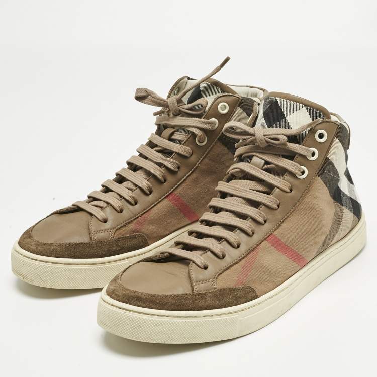 Pre Owned Burberry Beige/Brown House Check Canvas and Leather High Top Sneakers Size 41