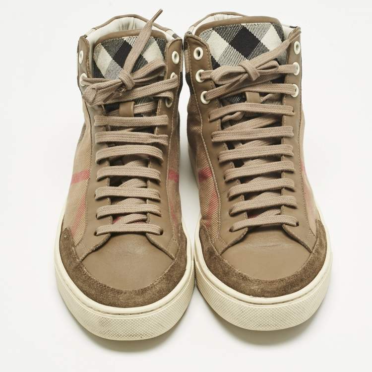 Pre Owned Burberry Beige/Brown House Check Canvas and Leather High Top Sneakers Size 41