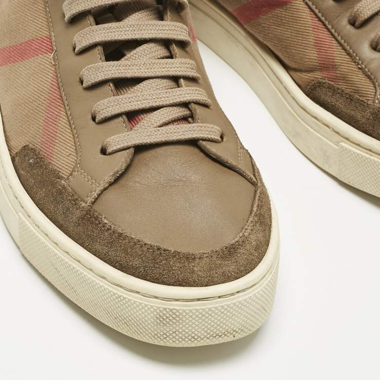 Pre Owned Burberry Beige/Brown House Check Canvas and Leather High Top Sneakers Size 41