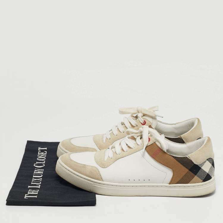 Pre Owned Burberry Check Size 42 White/Grey Canvas and Leather Lace Up Sneakers