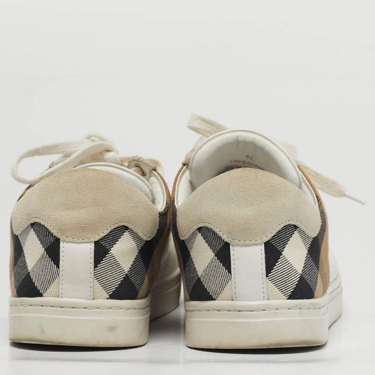 Pre Owned Burberry Check Size 42 White/Grey Canvas and Leather Lace Up Sneakers