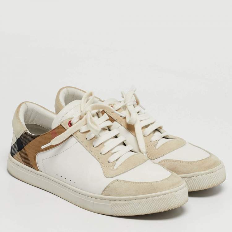 Pre Owned Burberry Check Size 42 White/Grey Canvas and Leather Lace Up Sneakers