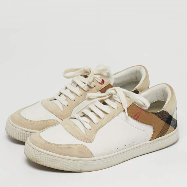 Pre Owned Burberry Check Size 42 White/Grey Canvas and Leather Lace Up Sneakers