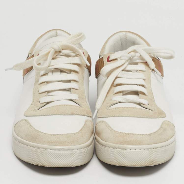 Pre Owned Burberry Check Size 42 White/Grey Canvas and Leather Lace Up Sneakers