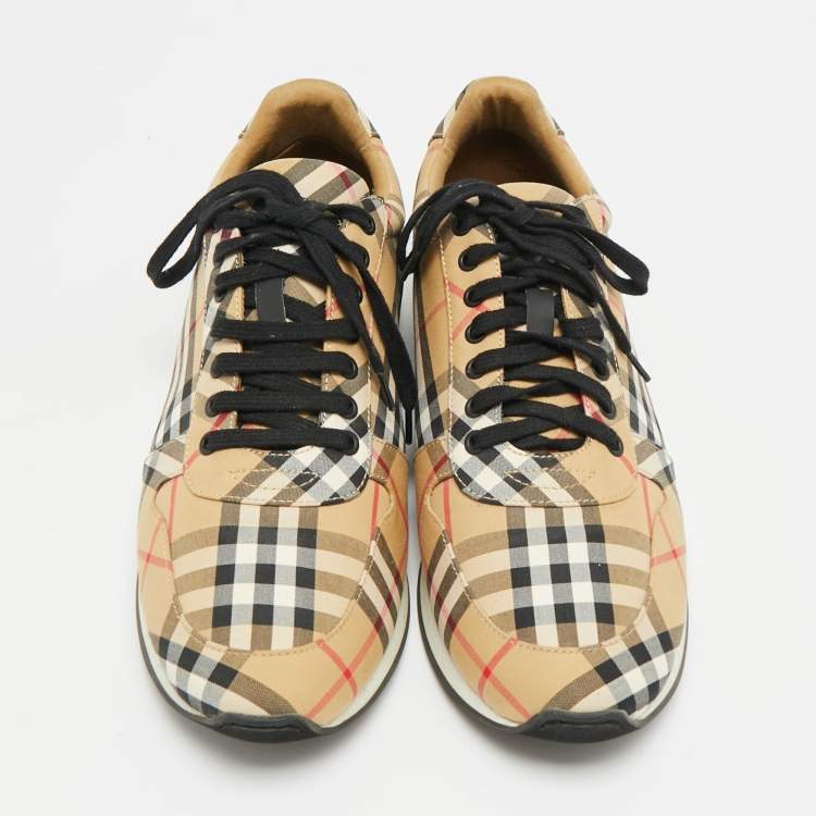 Pre Owned Burberry Check Size 45 Beige Canvas Lace Up Sneakers