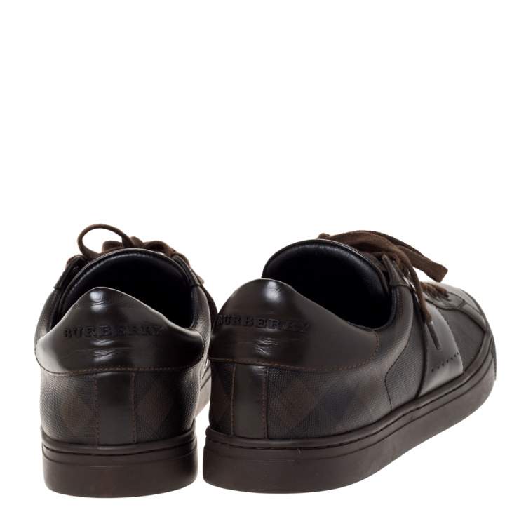 Pre Owned Burberry Dark Brown Leather and London Check Canvas Ritson Low Top Sneakers Size 41