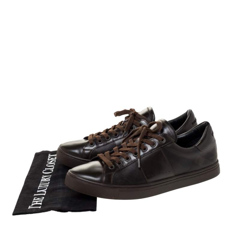 Pre Owned Burberry Dark Brown Leather and London Check Canvas Ritson Low Top Sneakers Size 41