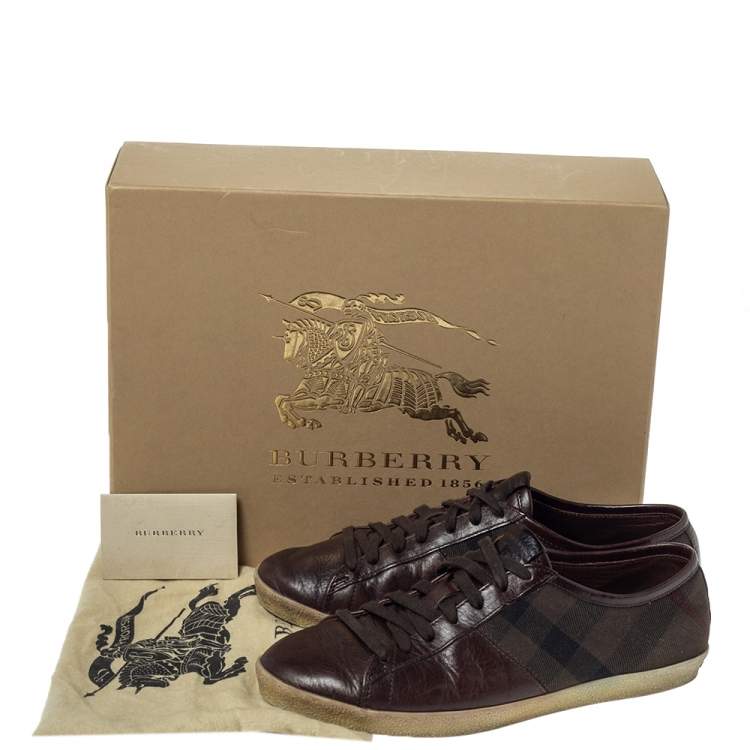Pre Owned Burberry Brown Leather And House Check Canvas Lace Up Low Top Sneakers Size 40