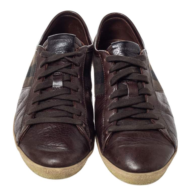 Pre Owned Burberry Brown Leather And House Check Canvas Lace Up Low Top Sneakers Size 40