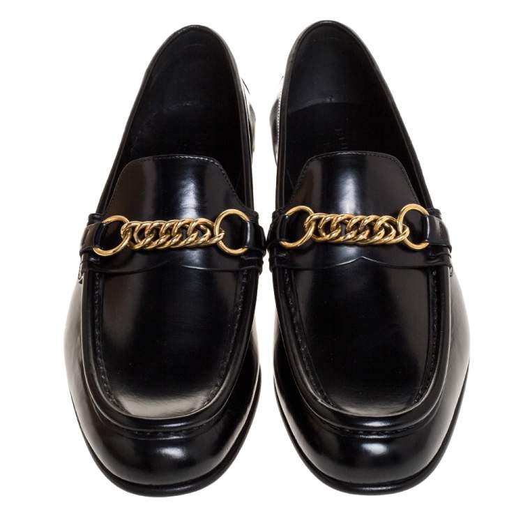 Pre Owned Burberry Black Leather Solway Chain Detail Slip On Loafers Size 42