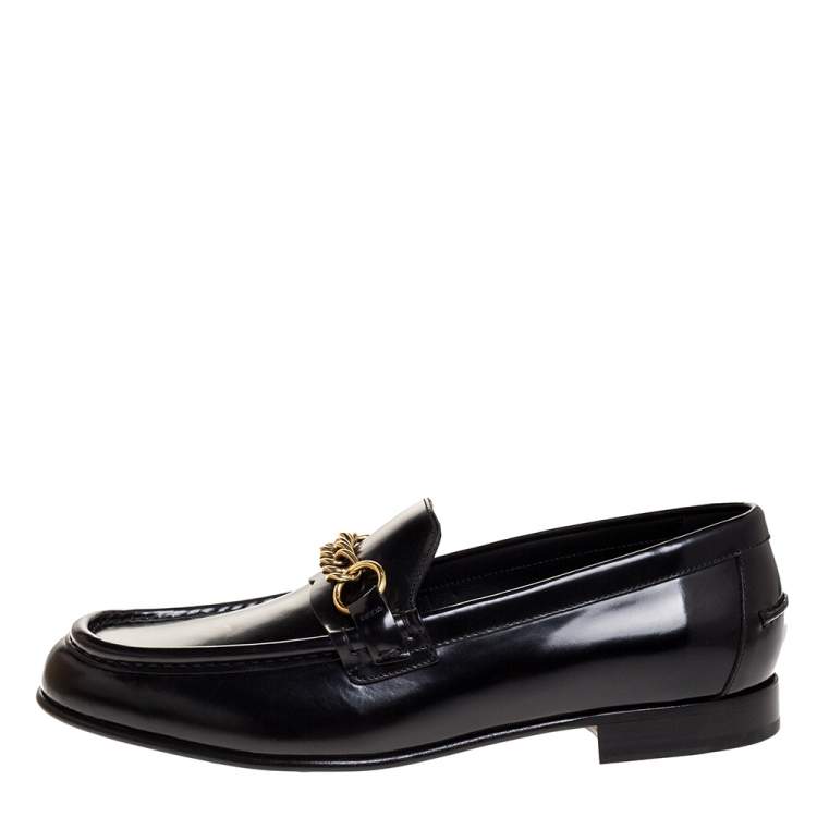 Pre Owned Burberry Black Leather Solway Chain Detail Slip On Loafers Size 43.5